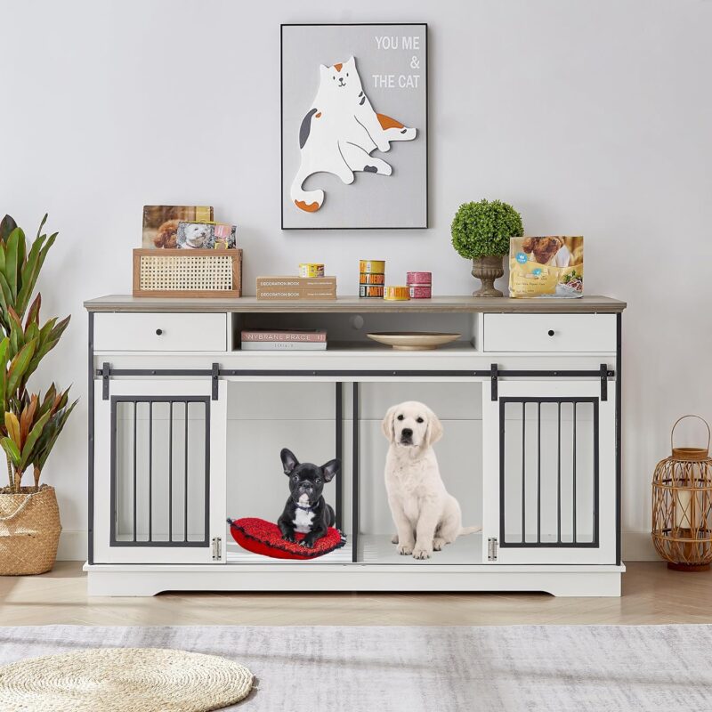 Dog Crate Furniture, 66" Large Heavy Duty Wood Dog Kennel with Divider & Drawers, Dog House Cage for 2 Medium Dogs, End Table TV Stand, White Grey