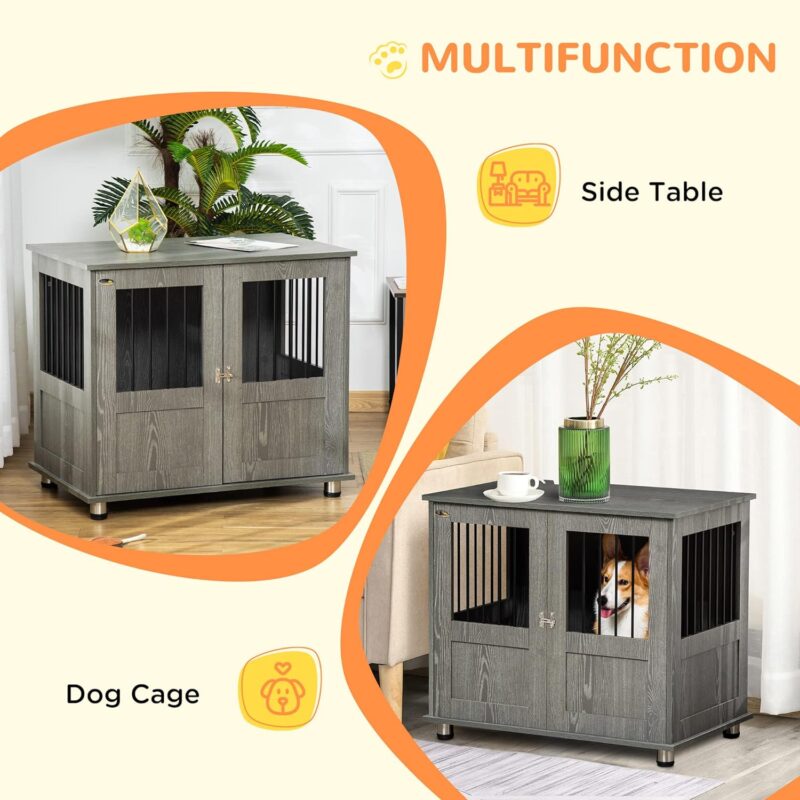 PawHut Dog Crate Furniture, Wooden End Table Furniture with Lockable Magnetic Doors, Small & Medium Size Pet Kennel Indoor Animal Cage, Gray - Image 4