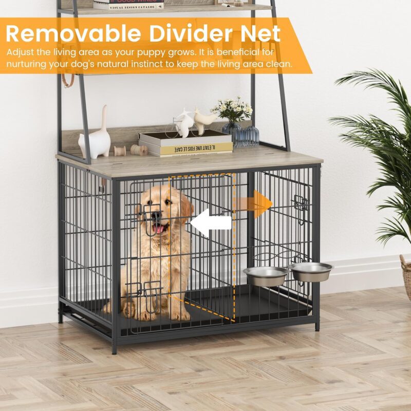 IDEALHOUSE Dog Crate Furniture,Flip-up Top Pet Crate Furniture,Indoor End Table Dog Cage with 3-Layer Storage Shelves,Dog Crates for Medium Dogs,Dog Kennel Furniture with Adjustable Bowls,Grey - Image 3