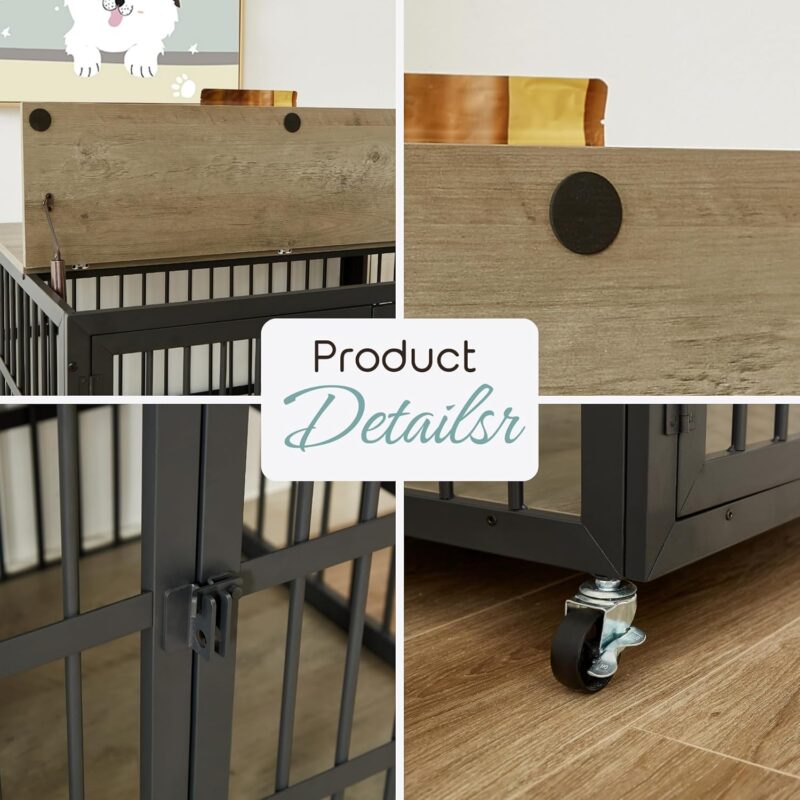 Dog Crate Table Furniture, 43" Large Dog Kennel with Wheels, Flip-up Top Opening and Side Opening, Decorative Pet Crate Dog House for Large/Medium/Small Dog (Rustic Gray) - Image 6