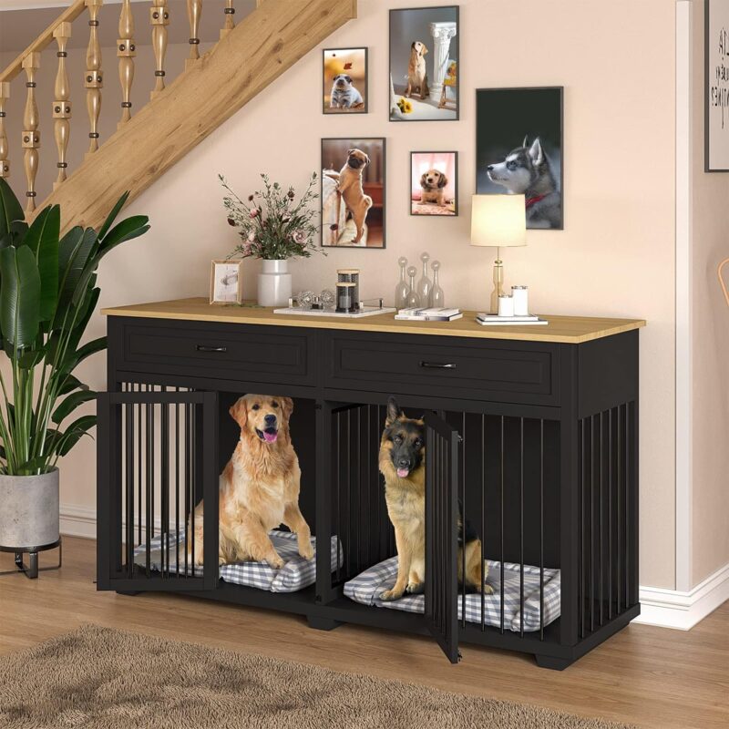 Dog Crate Furniture,Wooden Cage with Room Divider and 2 Drawer, Heavy Duty Dog Crate Kennel Furniture for Large and Medium Dog Indoor, Big Dog Crate with 2 Doors, Black