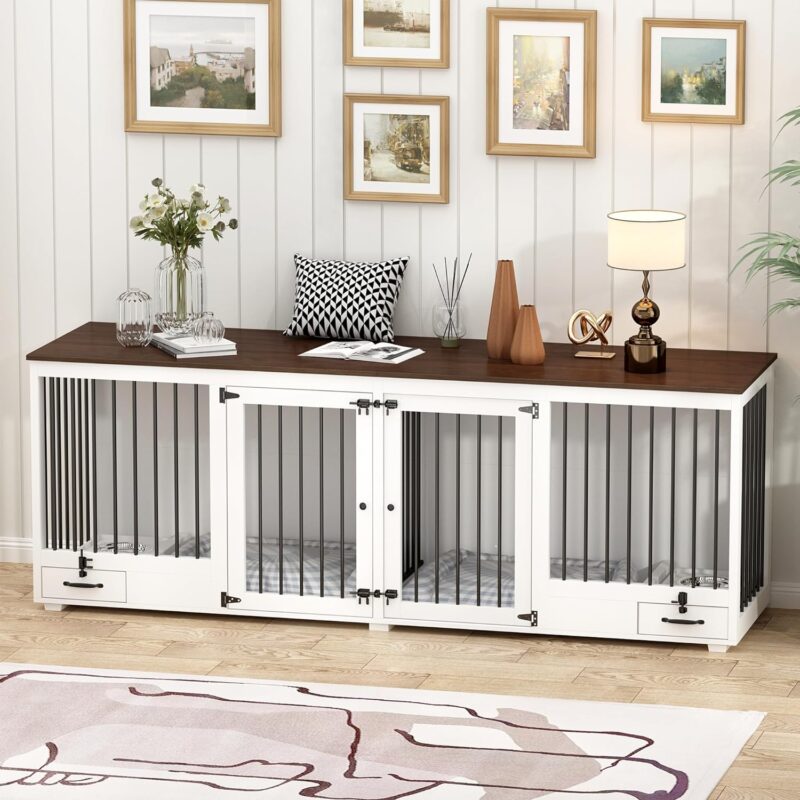 Large Double Dog Crate Furniture, 86.6'' Wooden Kennel Furniture with 4 Bowls & Divider, XXL Heavy Duty Crates Cage for or 2 Medium Dogs Indoor, White (ZUAN-AMKF150170-0102) - Image 6