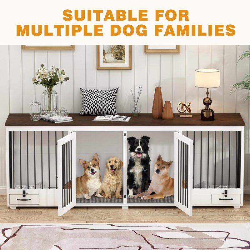 Large Double Dog Crate Furniture, 86.6'' Wooden Kennel Furniture with 4 Bowls & Divider, XXL Heavy Duty Crates Cage for or 2 Medium Dogs Indoor, White (ZUAN-AMKF150170-0102) - Image 5