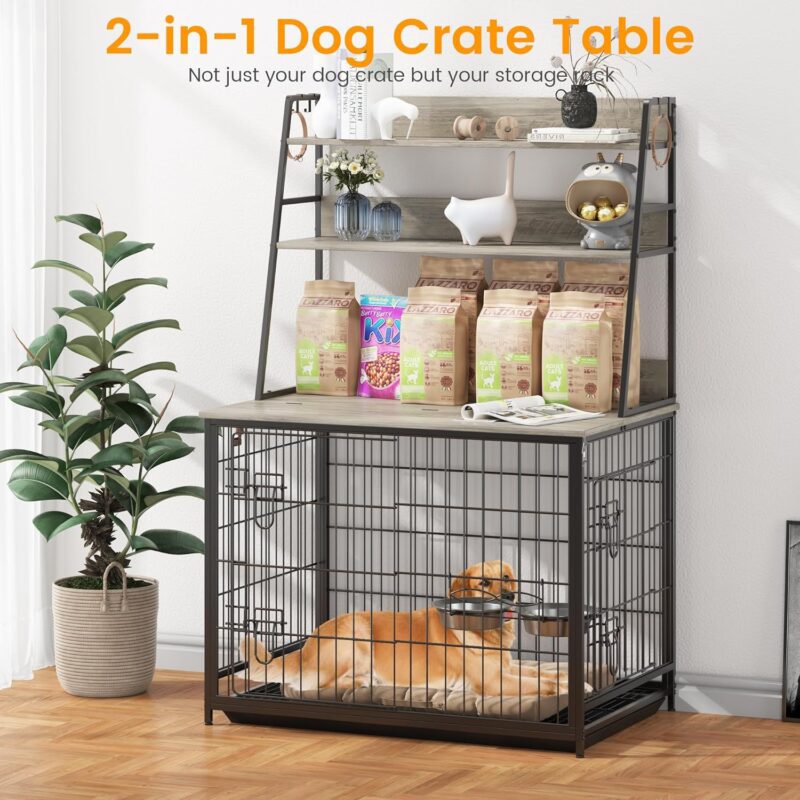 IDEALHOUSE Dog Crate Furniture,Flip-up Top Pet Crate Furniture,Indoor End Table Dog Cage with 3-Layer Storage Shelves,Dog Crates for Medium Dogs,Dog Kennel Furniture with Adjustable Bowls,Grey - Image 2