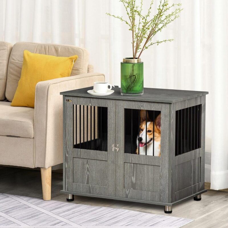 PawHut Dog Crate Furniture, Wooden End Table Furniture with Lockable Magnetic Doors, Small & Medium Size Pet Kennel Indoor Animal Cage, Gray - Image 2