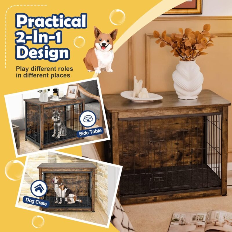 Tangkula Dog Crate Furniture with Removable Tray/Felt Mat, Wood Dog Cage End Table for Small & Medium Dogs, Industrial Double Doors Chew-Proof Dog House Dog Kennel Indoor - Image 8