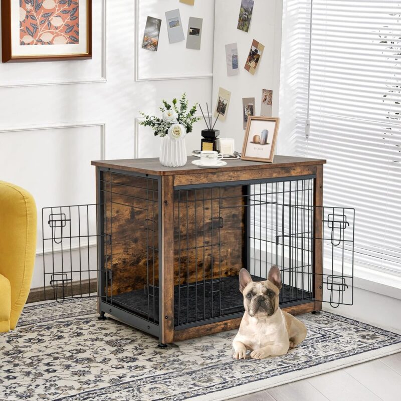 Tangkula Dog Crate Furniture with Removable Tray/Felt Mat, Wood Dog Cage End Table for Small & Medium Dogs, Industrial Double Doors Chew-Proof Dog House Dog Kennel Indoor - Image 9