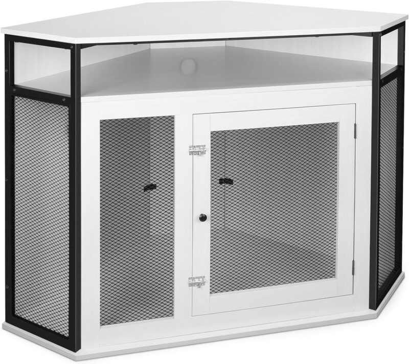 Dreamania Corner Dog Crate Furniture with Storage, 51.3" Upgraded Modern Dog Cage, End Table, Indoor Pet Crate Small Medium Large Dogs, White, Perfect for Limited Room