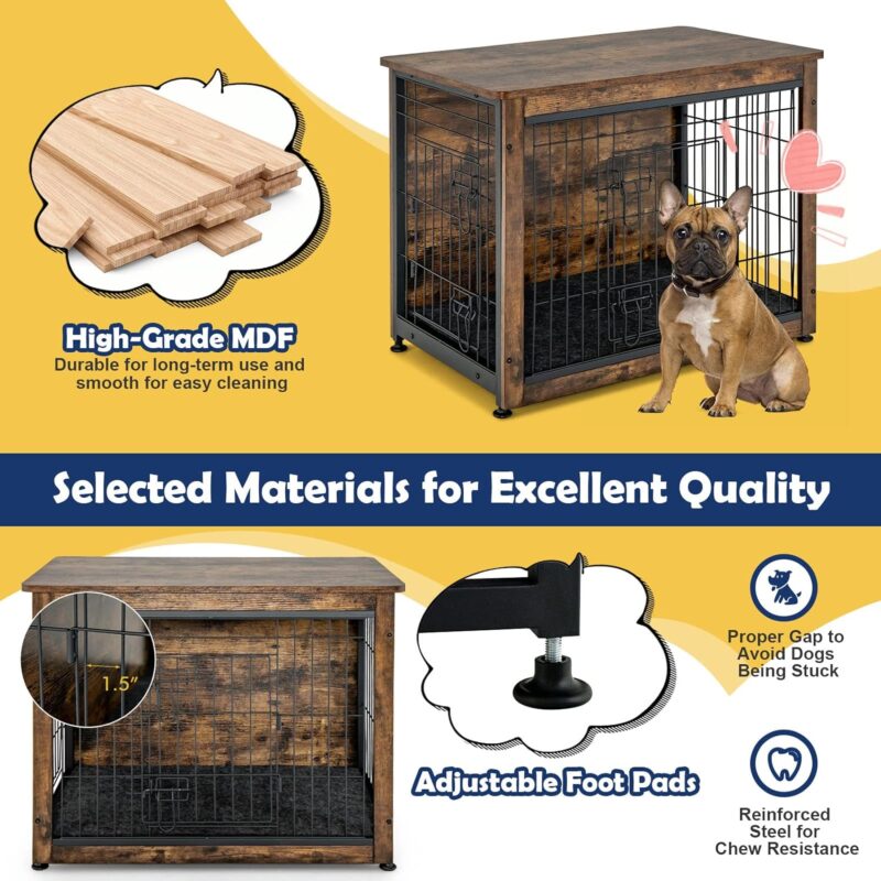 Tangkula Dog Crate Furniture with Removable Tray/Felt Mat, Wood Dog Cage End Table for Small & Medium Dogs, Industrial Double Doors Chew-Proof Dog House Dog Kennel Indoor - Image 5