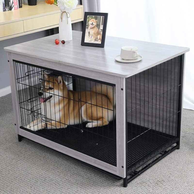 Dog Crate Furniture, Side End Table, Modern Kennel for Dogs Indoor, Wood Heavy-Duty Dog Cage with Removable Tray, Double-Door Dog House Dog Kennel(38.5''-Light Grey) - Image 5