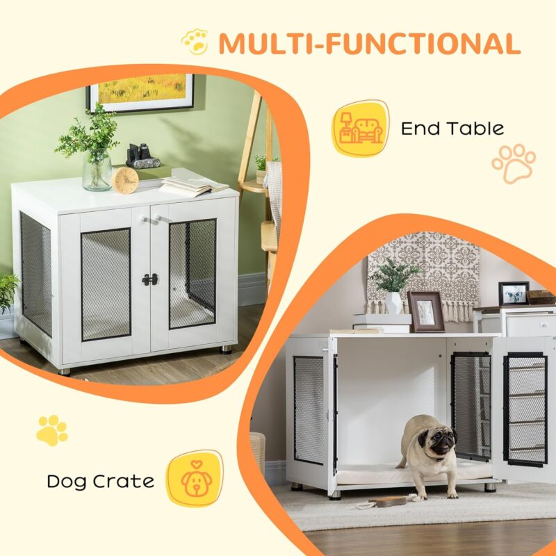 PawHut Dog Crate Furniture with Water-Resistant Cushion, Dog Crate End Table with Double Doors, Indoor Pet Crate for Small Medium Dogs Indoor Use, White - Image 4