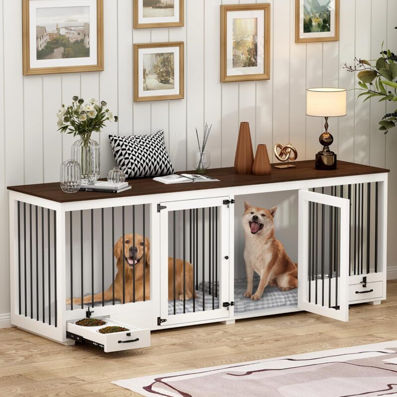 Large Double Dog Crate Furniture, 86.6'' Wooden Kennel Furniture with 4 Bowls & Divider, XXL Heavy Duty Crates Cage for or 2 Medium Dogs Indoor, White (ZUAN-AMKF150170-0102)