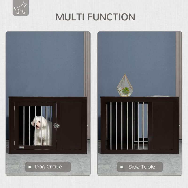 PawHut Dog Crate Furniture Wire Pet Cage Wooden Dog Kennel, End Table with Double Doors, and Locks, for Medium and Large Dog House Indoor Use, Coffee - Image 3