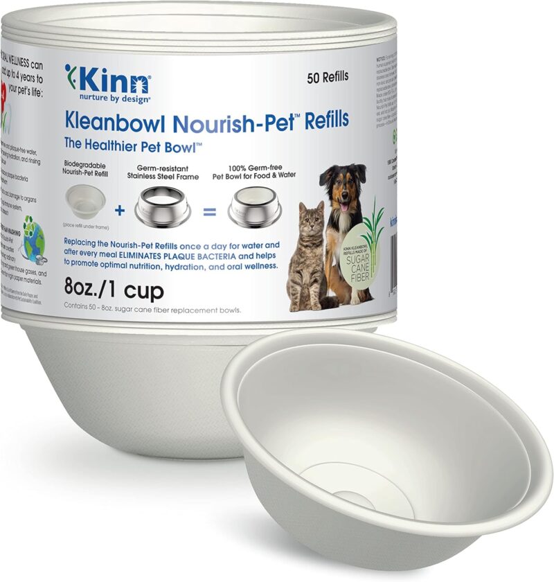 Kinn Kleanbowl Disposable Dog Food Bowls, 8 oz (Pack of 50) - Frame System Refills, Compostable Cat Food Bowls, Leakproof for Pet Feeding