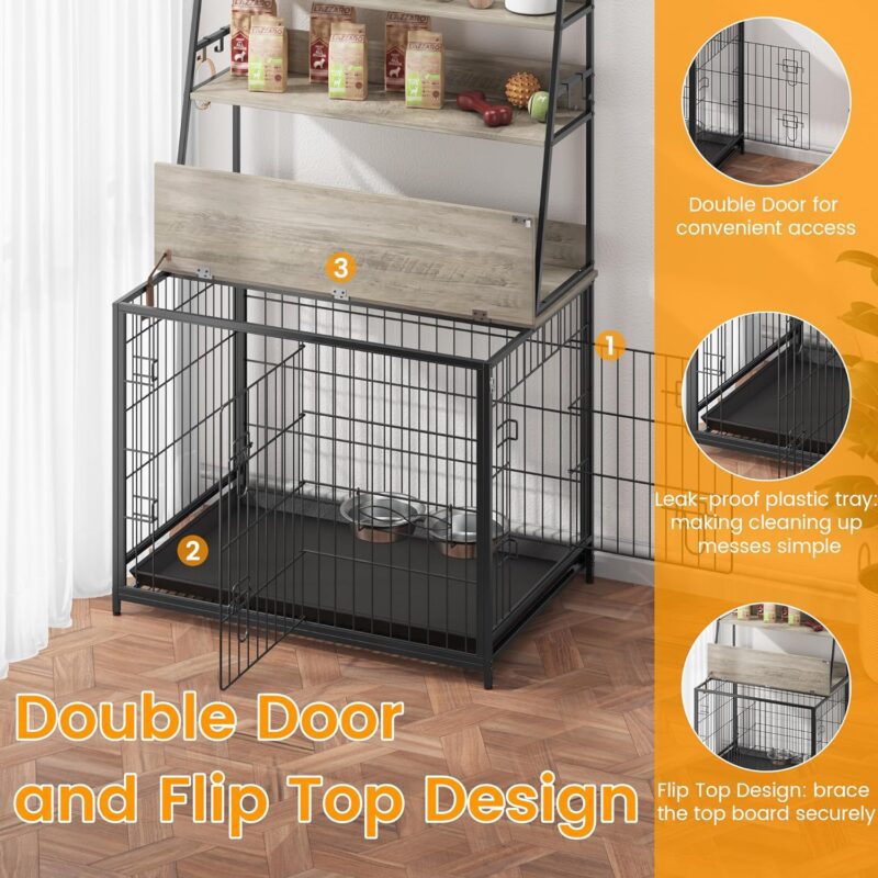 IDEALHOUSE Dog Crate Furniture,Flip-up Top Pet Crate Furniture,Indoor End Table Dog Cage with 3-Layer Storage Shelves,Dog Crates for Medium Dogs,Dog Kennel Furniture with Adjustable Bowls,Grey - Image 4