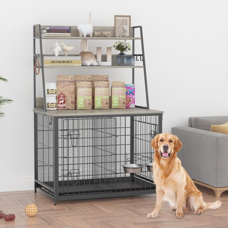 IDEALHOUSE Dog Crate Furniture,Flip-up Top Pet Crate Furniture,Indoor End Table Dog Cage with 3-Layer Storage Shelves,Dog Crates for Medium Dogs,Dog Kennel Furniture with Adjustable Bowls,Grey