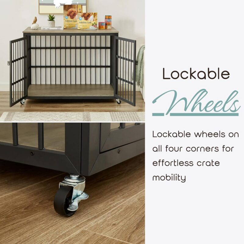 Dog Crate Table Furniture, 43" Large Dog Kennel with Wheels, Flip-up Top Opening and Side Opening, Decorative Pet Crate Dog House for Large/Medium/Small Dog (Rustic Gray) - Image 3