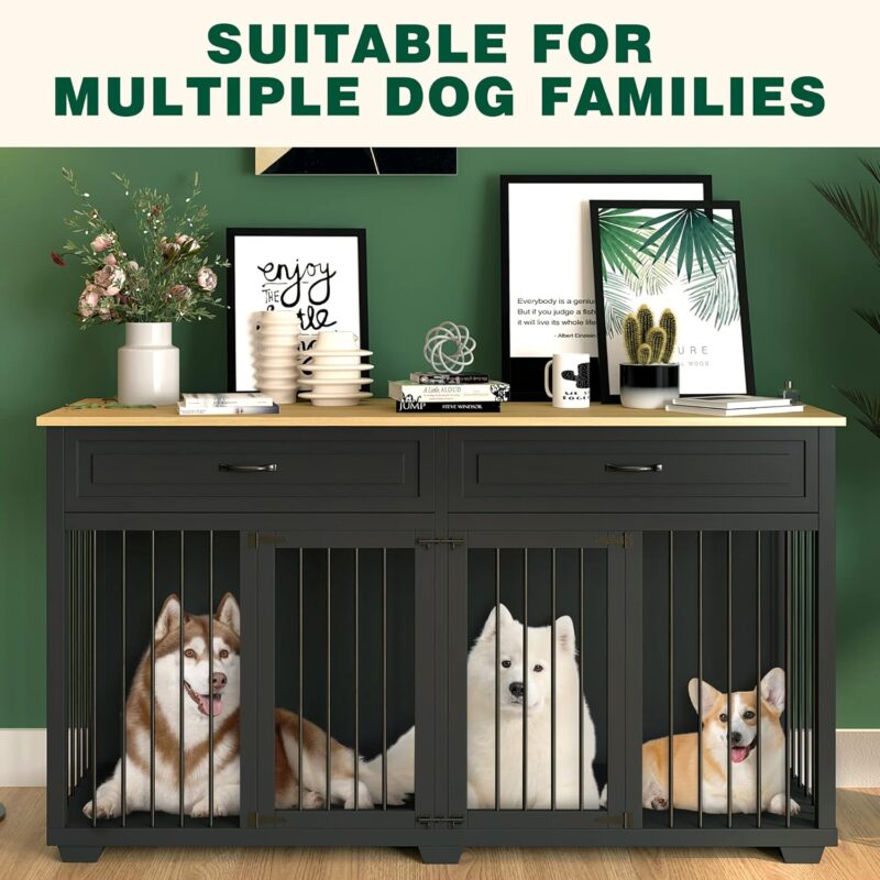 JINLLY Large Dog Crate Furniture, 72.4" Wooden Kennel with 2 Drawers and Divider, XXL Heavy Duty Dog Crates Cage Furniture for 2 Medium Dogs Indoor, Black - Image 5