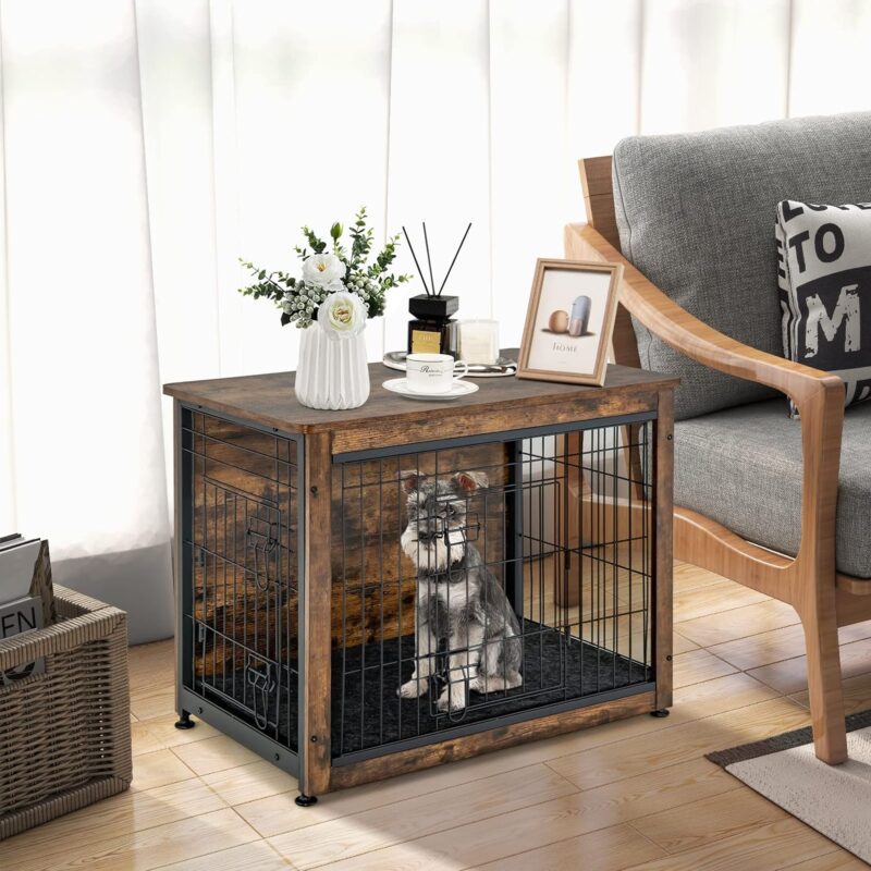 Tangkula Dog Crate Furniture with Removable Tray/Felt Mat, Wood Dog Cage End Table for Small & Medium Dogs, Industrial Double Doors Chew-Proof Dog House Dog Kennel Indoor - Image 3