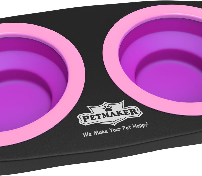 Elevated Cat and Dog Food Bowls with Non-Slip Stand - Removable and Collapsible Silicone Feeder for Food and Water - 16-Ounces Each by PETMAKER (Pink) - Image 5