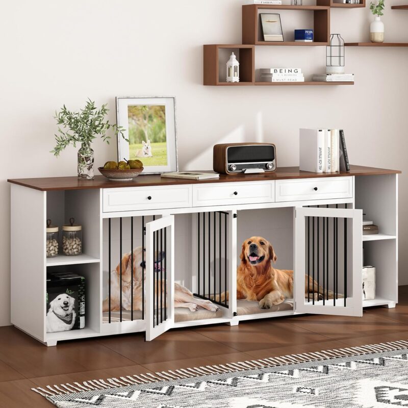 Large Double Dog Crate Furniture, 94.5" Wooden Dog Crate Kennel Furniture with Drawers, Storage Shelves and Divider, XXL Dog Crates Furniture for 2 Small or Medium Dogs Indoor, White