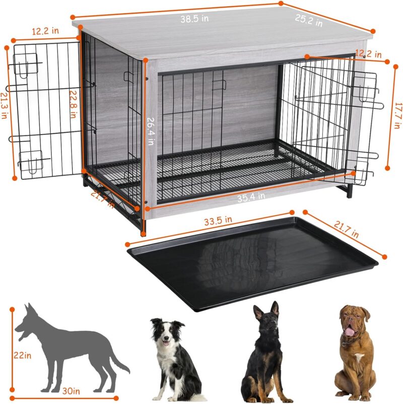 Dog Crate Furniture, Side End Table, Modern Kennel for Dogs Indoor, Wood Heavy-Duty Dog Cage with Removable Tray, Double-Door Dog House Dog Kennel(38.5''-Light Grey) - Image 2