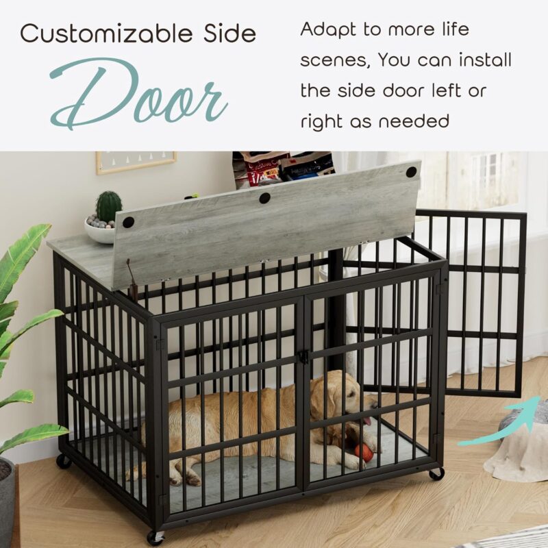 Dog Crate Table Furniture, 43" Large Dog Kennel with Wheels, Flip-up Top Opening and Side Opening, Decorative Pet Crate Dog House for Large/Medium/Small Dog (Rustic Gray) - Image 4
