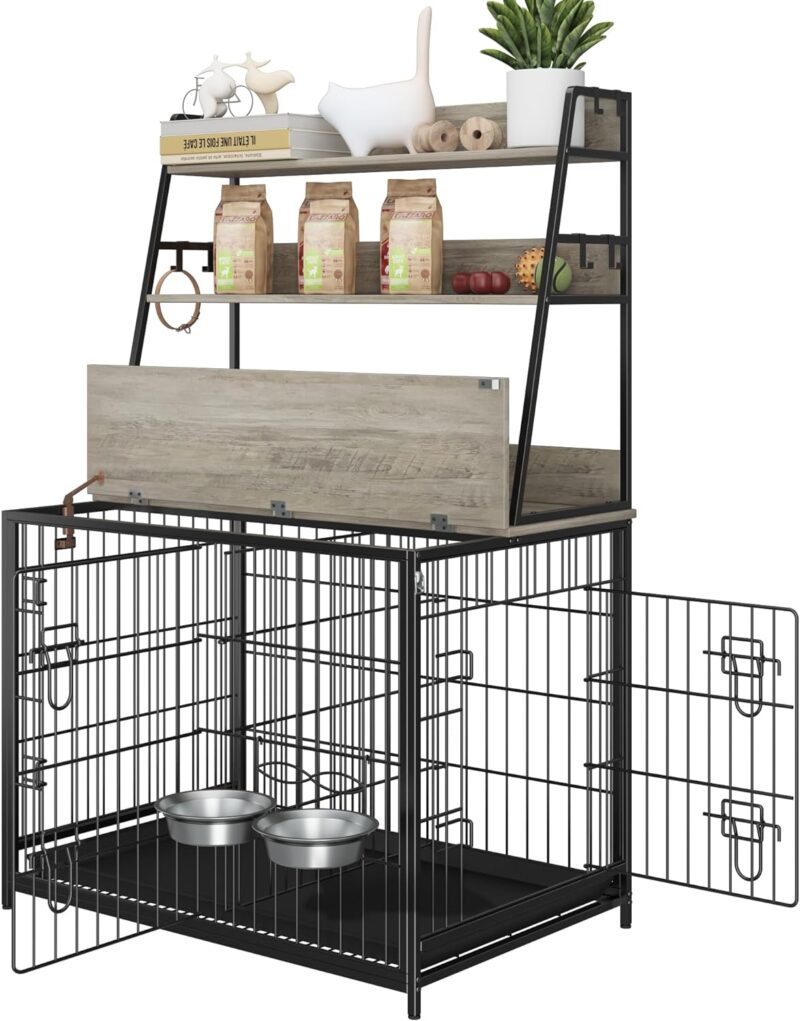 IDEALHOUSE Dog Crate Furniture,Flip-up Top Pet Crate Furniture,Indoor End Table Dog Cage with 3-Layer Storage Shelves,Dog Crates for Medium Dogs,Dog Kennel Furniture with Adjustable Bowls,Grey - Image 7