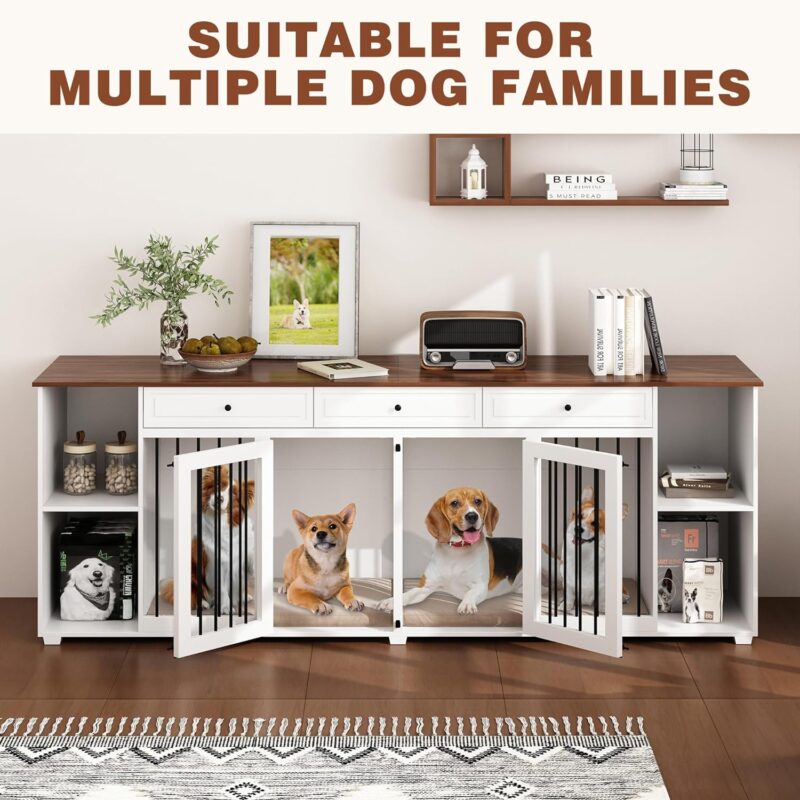 Large Double Dog Crate Furniture, 94.5" Wooden Dog Crate Kennel Furniture with Drawers, Storage Shelves and Divider, XXL Dog Crates Furniture for 2 Small or Medium Dogs Indoor, White - Image 5