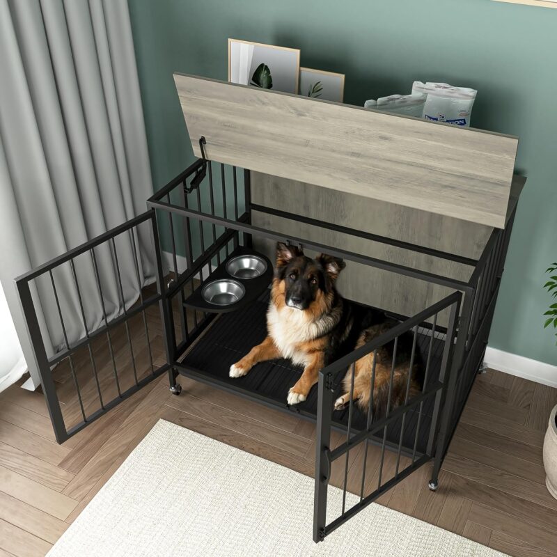 38" Dog Crate Furniture, 80lbs Dog Kennel Indoor with 360° Rotation Wheels, Rremovable Ttray, Height Adjustable 2 Stainless Steel Bowls, Double-Door Dog House for Small to Large Dogs, End Table House - Image 3