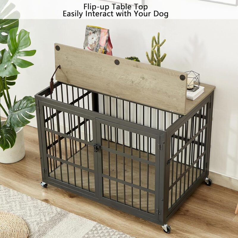 Dog Crate Furniture, 43.3" Large Dog Kennel Furniture with 2 Doors, Wooden Flip-up Top Opening and Wheels, Indoor Dog Kennel Crate End Table for Large/Medium/Small Dogs, Greige - Image 2