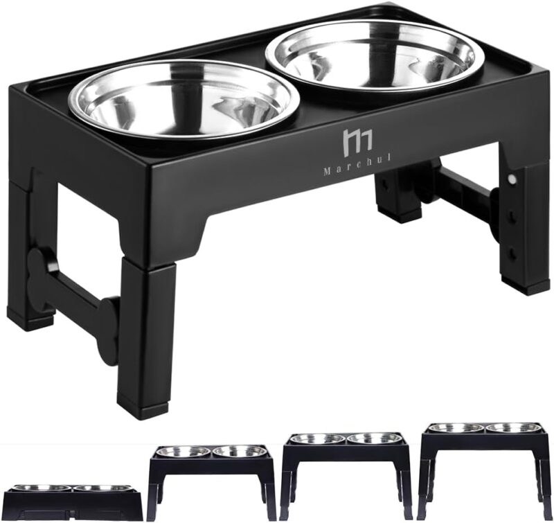 Marchul Elevated Dog Bowls, 4 Height Adjustable Raised Dog Bowls with 2 Stainless Steel Bowls,Non-Slip Dog Food and Water Bowl with Stand Adjusts to 3.5”,9.05”,10.6”,12.2” for Small Medium Large Dogs