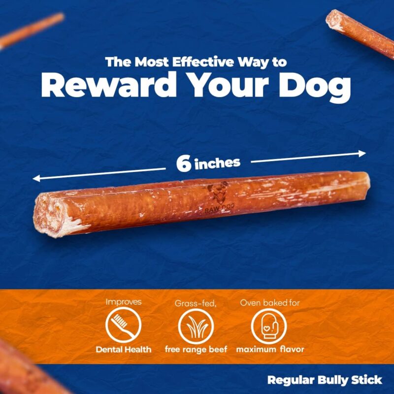 Raw Dog Bully Sticks All-Natural Dog Treats, 6IN Regular Size, 7pk - Premium Odor Free Dog Chews, 100% Beef, Grass Fed, Non-GMO - Image 2