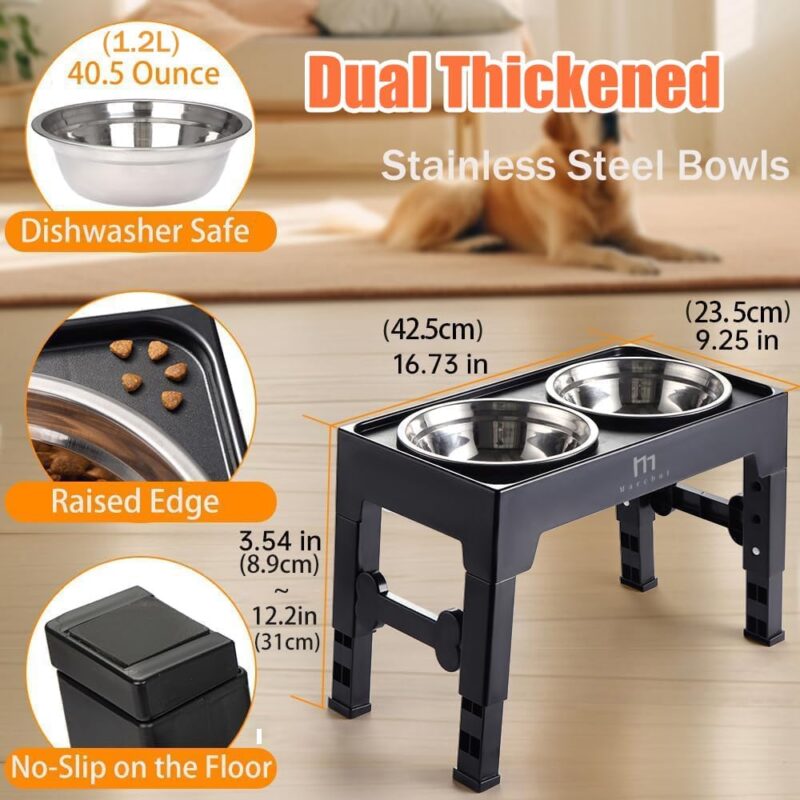 Marchul Elevated Dog Bowls, 4 Height Adjustable Raised Dog Bowls with 2 Stainless Steel Bowls,Non-Slip Dog Food and Water Bowl with Stand Adjusts to 3.5”,9.05”,10.6”,12.2” for Small Medium Large Dogs - Image 3