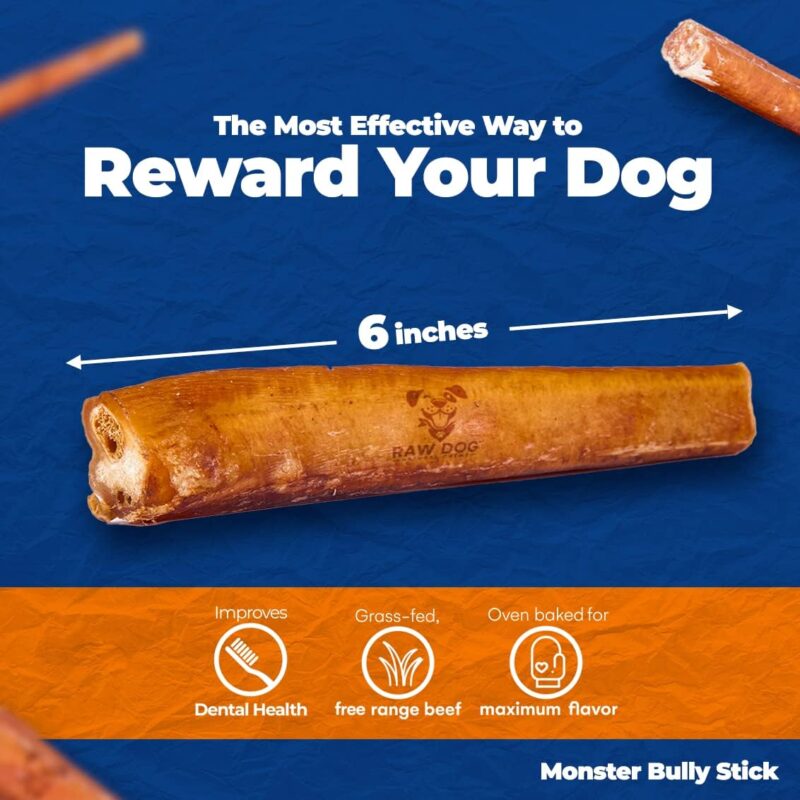 Raw Dog Bully Sticks All-Natural Dog Treats, 6 inch Monster Size, 3 pk, 100% Beef, Grass Fed, Non-GMO, Premium Odor Free Dog Chews, Bully Sticks for Large Dogs & Medium Dogs - Image 2