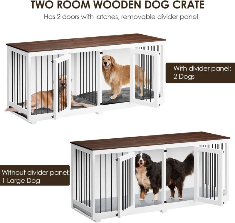 Lovinouse Furniture Style Dog Crate with Double Rooms, 63" Wooden Dog Kennel with Removable Divider, Dog House TV Entertaiment Center for Small Medium Dogs (White) - Image 4