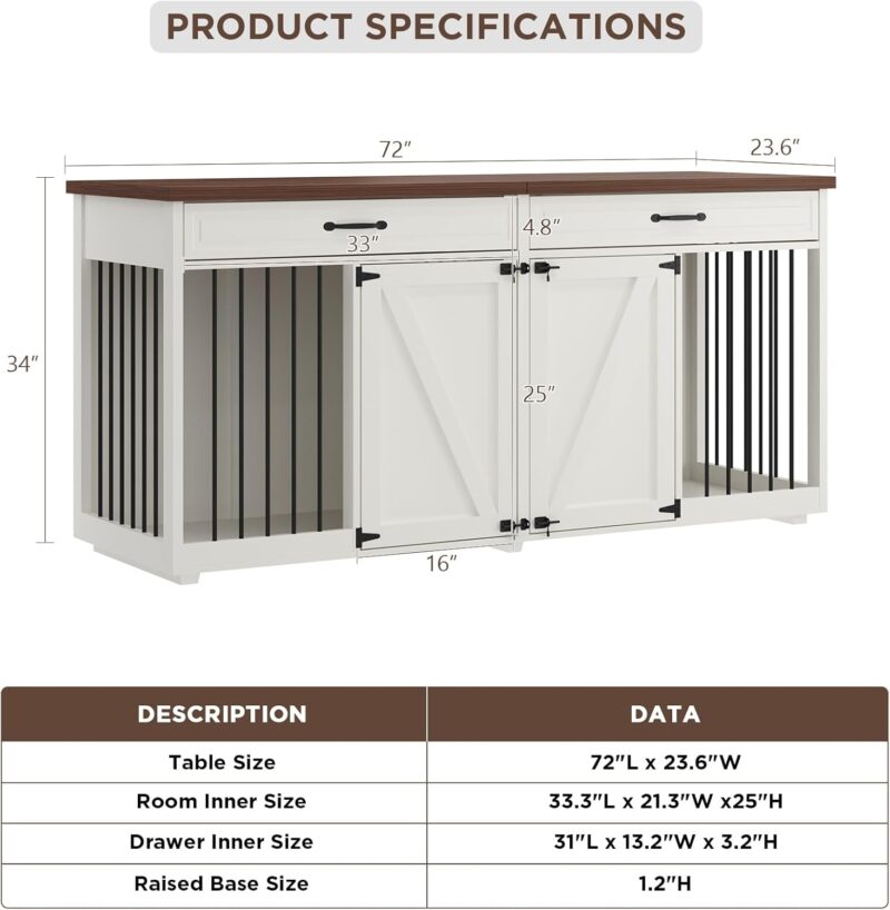 Dog Crate Furniture - Indoor Wooden Dog Kennel Furniture with 2 Drawers & Room Divider - 72"" L x 23.6"" W x 34"" H - White - Image 2