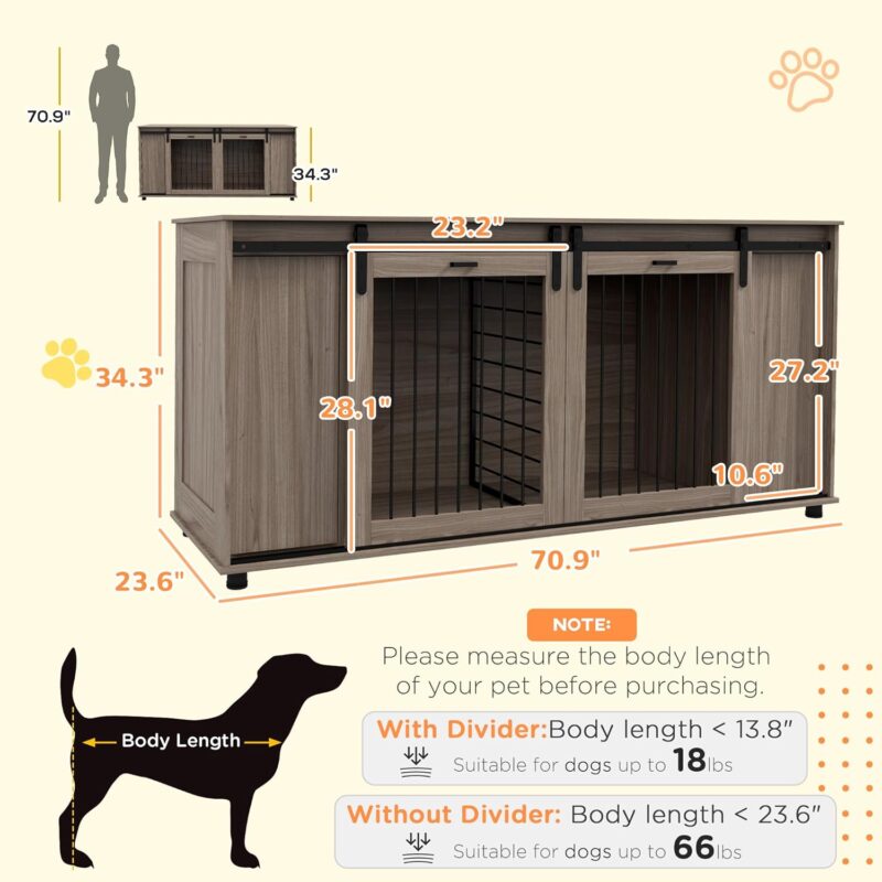 PawHut Dog Crate Furniture with Removable Divider for 2 Small Dogs or 1 Large Dog, 71" Modern Dog Kennel Furniture End Table with Storage, Double Doors, Walnut - Image 3