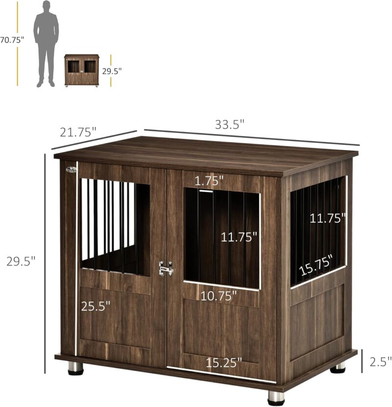 PawHut Dog Crate Furniture, Wooden End Table Furniture with Lockable Magnetic Doors, Small & Medium Size Pet Kennel Indoor Animal Cage, Brown - Image 5