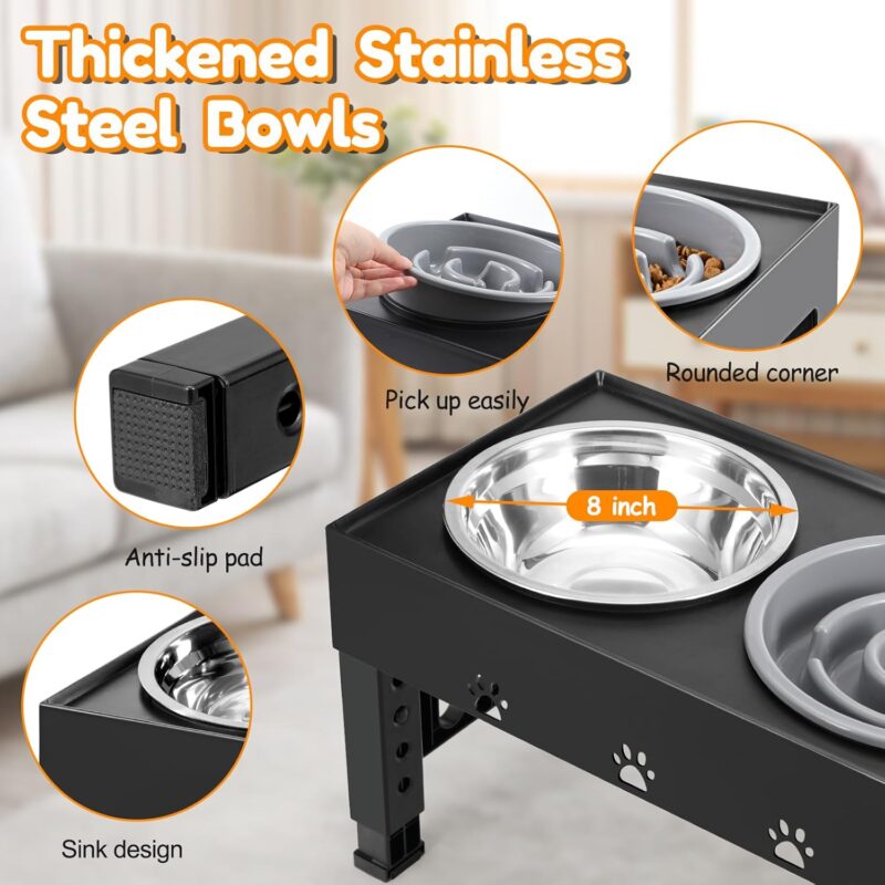 Elevated Dog Bowls with 1 Slow Feeder and 2 Stainless Steel Bowls 5 Heights Adjustable Raised Dog Bowl Stand for Medium Large Dogs,Non-Slip Dog Feeder Adjusts to 3.1”, 9”, 10”, 11”, 12” - Image 3