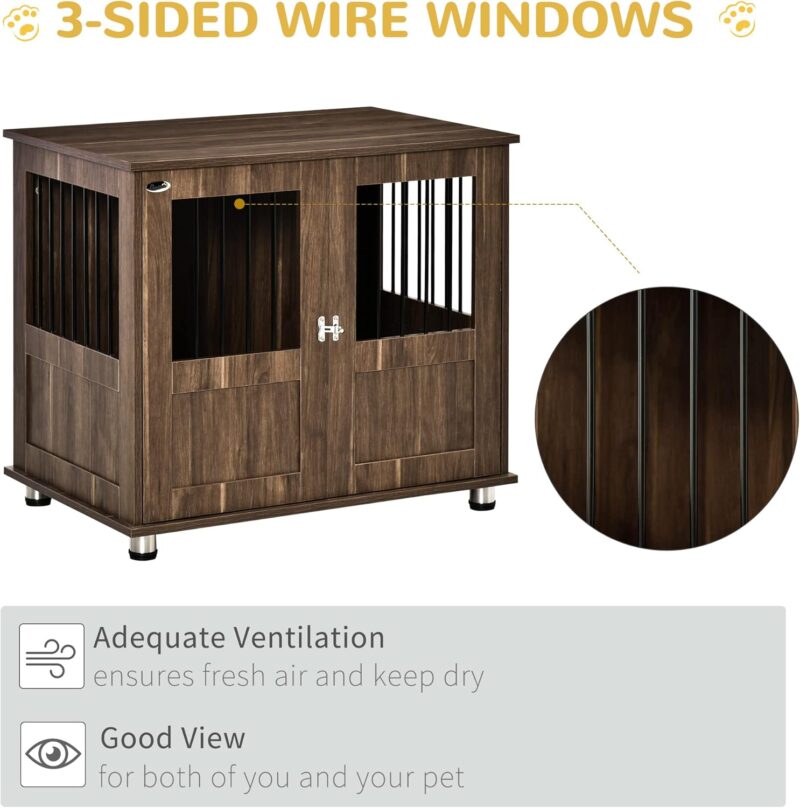 PawHut Dog Crate Furniture, Wooden End Table Furniture with Lockable Magnetic Doors, Small & Medium Size Pet Kennel Indoor Animal Cage, Brown - Image 6