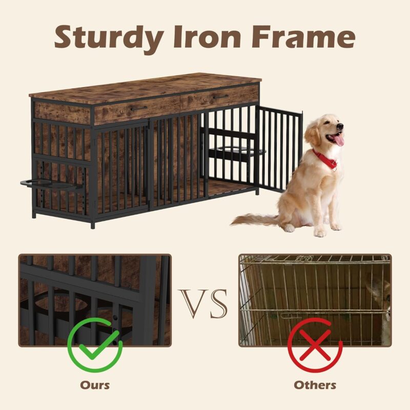 WAYTRIM Double Dog Crate Furniture Indoor Large Heavy Duty Wooden Dog Kennel with 360 °Rotatable Dog Bowlsand 2 Drawers TV Stand dog crate for 2 Dogs,71.6" Lx23.6 Wx34 H,Brown - Image 6