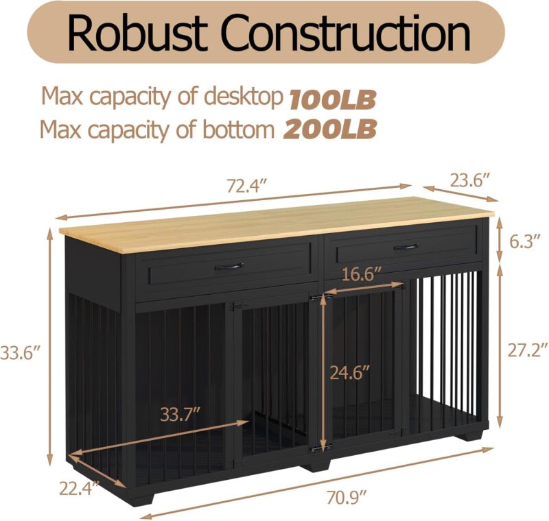 Lovinouse Furniture Style Dog Crate with Double Room, Wooden Dog Kennel with Double Doors and Removable Divider, Dog House Side End Table for Small Medium Large X-Large Dogs(Black + Wood) - Image 3