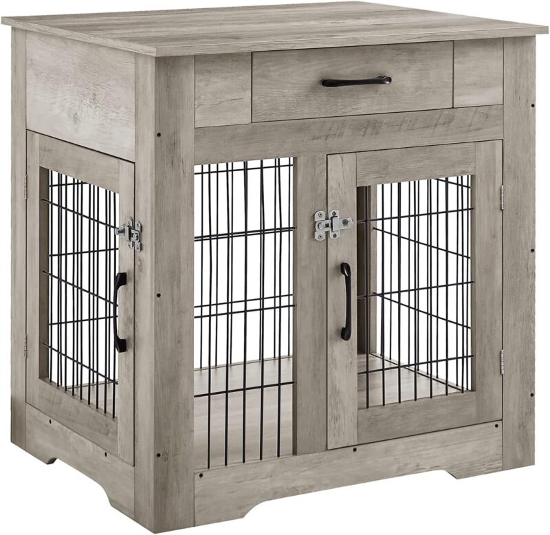 KIVENJAJA Furniture Style Dog Crate End Table for Small to Medium Dogs, Wooden Dog Kennel with Drawer & Double Doors, Decorative Dog House Pet Cage Indoor Use, Weathered Grey