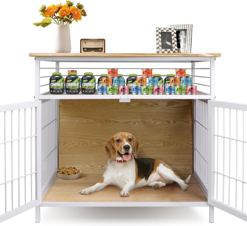 Dog Crate Furniture Dog Kennel Indoor Wooden Dog Crate, Double Doors Large Dog Cage,Heavy Duty Wooden Dog Kennel,Indoor Double Door Kennel - Rustic Style