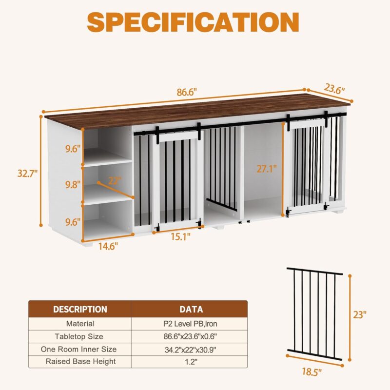 Large Double Dog Crate Furniture, 86.6" Wooden Dog Crate Kennel Furniture with Sliding Door, Storage Shelves and Divider, XXL Dog Crates Furniture for 2 Medium or Large Dogs Indoor, White - Image 2