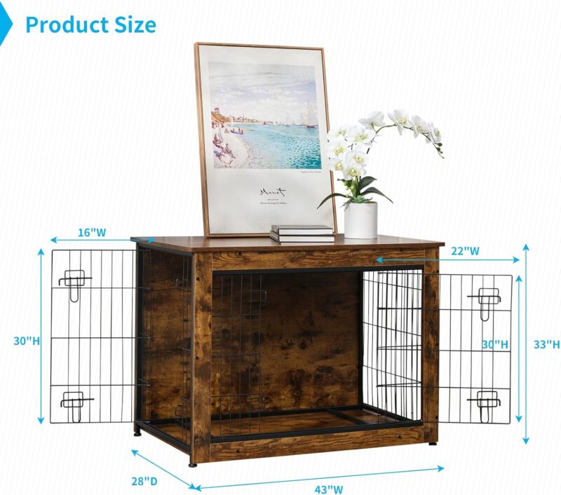 43” Dog Crate Furniture, Wooden Dog Kennel Indoor, Double Door Furniture Style Dog Cage with End Table, Removable Tray for Medium/Large Dogs - Image 7