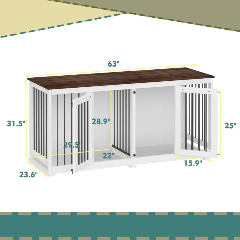 Lovinouse Furniture Style Dog Crate with Double Rooms, 63" Wooden Dog Kennel with Removable Divider, Dog House TV Entertaiment Center for Small Medium Dogs (White) - Image 3