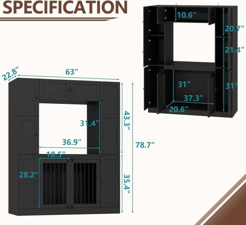 Lovinouse Dog Crate Furniture with Storage Shelves for Large Medium Breed Dogs, 78.7 Inch Tall Indoor Dog Kennel House, Furniture Style Dog Crate Storage Cabinet, Black - Image 4