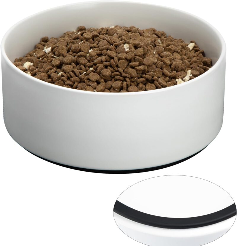 Non Slip Dog Bowls, Ceramic Dog Food Bowl with Silicone Base, 8" Large Dog Water Bowl No Spill, Heavy Modern Pet Feeding Bowl for Medium-sized Dogs and Large Breed, Microwaveable (White)